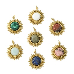 Mixed Stone Ion Plating(IP) 304 Stainless Steel Pave Faceted Natural & Synthetic Mixed Gemstone Pendants, Sun Charms, Real 14K Gold Plated, 22x19.5x5mm