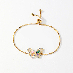 Papillon Bracelets coulissants en laiton avec micro pavé de zircone cubique, bracelets chaîne boîte pour femmes, réel 18 k plaqué or, papillon, diamètre intérieur: 2-1/8~2-3/4 pouce (5.5~7 cm)