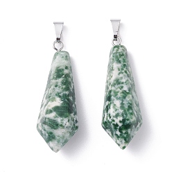Qinghai Jade Natural Qinghai Jade Pointed Pendants, with Platinum Plated Brass Loops, Bullet, 35.3~38x13~14mm, Hole: 6.5x2.8mm