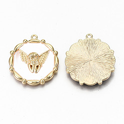 White Brass Enamel Pendants, Nickel Free, Real 18K Gold Plated, Flower with Angel, White, 27.5x25x4.5mm, Hole: 1.5mm
