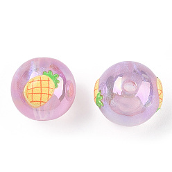 Plum UV Plating Opaque Acrylic Beads, Imitation Jelly, with Enamel, Round with Fruit Pattern, Plum, 16mm, Hole: 2.5mm