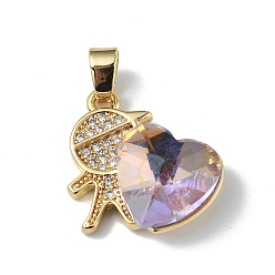 Thistle Real 18K Gold Plated Rack Plating Brass Micro Pave Clear Cubic Zirconia Pendants, with Glass, Long-Lasting Plated, Cadmium Free & Lead Free, Boy with Heart Charm, Thistle, 19.5x18x7.5mm, Hole: 5.5x3.5mm