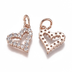 Rose Gold Brass Micro Pave Cubic Zirconia Charms, with Jump Ring, Long-Lasting Plated, Heart, Clear, Real Rose Gold Plated, 10x10x2mm, Hole: 3mm