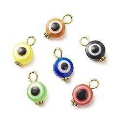 Antique Golden Evil Eye Resin Pendants, with Alloy Daisy Spacer Beads, Flat Round Charm, Mixed Color, Antique Golden, 16.5~17x10x6mm, Hole: 2.5~3mm