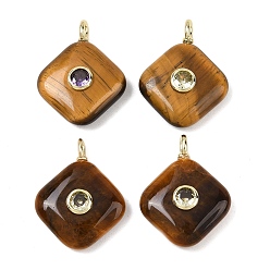 Тигровый глаз Природных тигровый глаз подвески, Подвески в виде ромбов с золотистой латунной микропаве из кубических цирконий разных цветов, 22.5~23.5x17.5x5.5~7 мм, отверстие : 2.5x1.5 мм