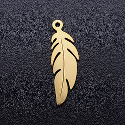 Golden 304 Stainless Steel Pendants, Feather, Golden, 20.5x6.5x1mm, Hole: 1mm