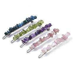 Mixed Stone Platinum Plated Alloy French Hair Barrettes, with Natural Mixed Gemstone Chips, Cadmium Free & Lead Free, 67x10~11x12mm