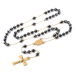 Сланцево-синий Ионное покрытие(ip) распятие крест 304 четки из нержавеющей стали, с акриловыми шариками, синевато-серый, 25.98 дюйм (66 см)