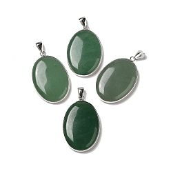 Green Aventurine Natural Green Aventurine Pendants, Oval Charms with Platinum Plated Metal Findings, 39.5x26x6mm, Hole: 7.6x4mm