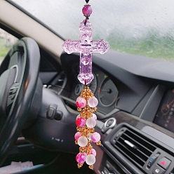 Pearl Pink Cross with Tassel Glass Pendant Decorations, for Interior Car Mirror Hanging Decorations, Pearl Pink, 320mm