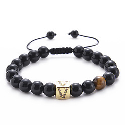 V Square Gemstone Letter Bracelet with Natural Agate and Tiger Eye Beads - A to Z Alphabet Design