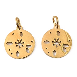 Flower 304 Stainless Steel Charms, with Jump Ring, Flat Round Charm, Laser Cut, Golden, Flower, 13.5x11.5x1mm, Hole: 3.4mm