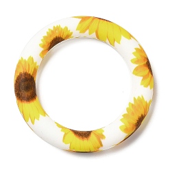 White Food Grade Eco-Friendly Silicone Pendants, Ring with Sunflower Pattern, White, 65x10mm, Hole: 4mm
