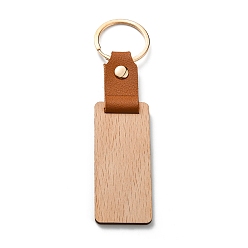 Rectangle Wooden & Imitation Leather Pendant Keychain, with Iron Rings, Rectangle, 13cm