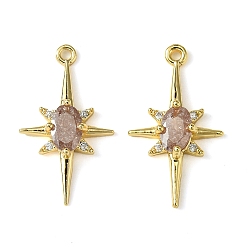 Rosy Brown Brass Micro Pave Cubic Zirconia Pendants, Real 18K Gold Plated, Star, Rosy Brown, 21x12x3.5mm, Hole: 1.2mm
