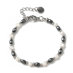 Белые Ракушки Браслеты из натуральных белых ракушек и немагнитного синтетического гематита для женщин, с 201 нержавеющей сталью и 304 фурнитурой из нержавеющей стали, бусина : 4 мм и 6x4.5 мм, 7-1/8 дюйм (18.1 см)