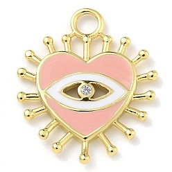 Бледно-Розовый Покрытие стойки латунь микро паве прозрачный кубический цирконий с эмалевыми подвесками, долговечный, без свинца и без кадмия, реальный 18 k позолоченный, сердце прелести, розовый жемчуг, 21.5x18x2 мм, отверстие : 2.5 мм