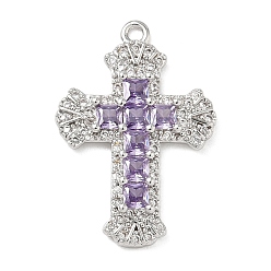 Сливовый Латунные микро проложить кубического циркония подвески, долговечный, без кадмия и без свинца, крест очарование, платина, слива, 23x16x2.5 мм, отверстие : 1.4 мм