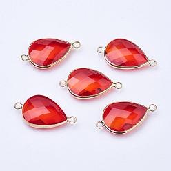 Red Golden Tone Brass Glass Teardrop Links connectors, Red, 21x11x5mm, Hole: 2mm