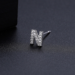 Letter N Platinum Brass Micro Pave Cubic Zirconia Stud Earrings, Initial Letter, Letter N, No Size