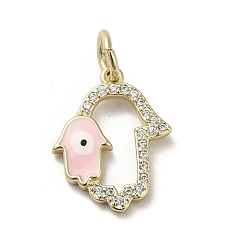 Pink Brass Micro Pave Cubic Zirconia Pendants, with Enamel, with Jump Ring, Real 18K Gold Plated, Hamsa Hand/Hand of Miriam with Evil Eye, Pink, 16.5x13.5x2mm, Hole: 4mm