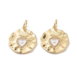 Real 18K Gold Plated Brass Micro Pave Clear Cubic Zirconia Pendants, with White Enamel, Long-Lasting Plated, With Jump Rings, Flat Round with Heart, Real 18K Gold Plated, 22x19x2mm, Hole: 3mm, Jump Ring: 5x1mm