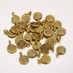 Antique Golden Tibetan Style Alloy Charms, Flat Round with Swirl, Lead Free and Cadmium Free, Antique Golden, 11.8x8x1.5mm, Hole: 1mm