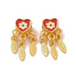 Red Alloy Pendants, with Enamel, Heart and Feather, Matte Gold Color, Red, 23mm, Hole: 3mm