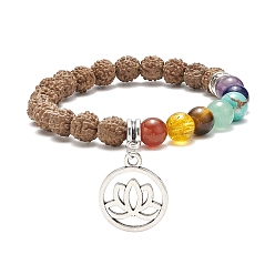 Wood Natural Rudraksha Wood & Mixed Gemstone Stretch Bracelet with Alloy Lotus Charm, 7 Chakra Jewelry for Women, Inner Diameter: 2 inch(5cm)