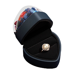Midnight Blue Heart with Rose Acrylic Finger Ring Boxes, Jewelry Ring Gift Flip Cover Case with Velvet Inside, for Wedding Engagement, Midnight Blue, 7.1x6.2x6.5cm