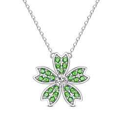 Green SHEGRACE Rhodium Plated 925 Sterling Silver Pendant Necklaces, with Grade AAA Cubic Zirconia, Sakura, Platinum, Green, 16.54 inch(42cm)