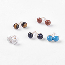 Mixed Stone Natural & Synthetic Mixed Stone Ear Studs, with Iron Findings, Half Round, 8x4.5mm, Pin: 0.7mm