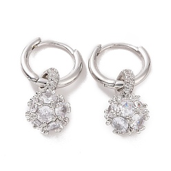 Clear Cubic Zirconia Round Ball Dangle Hoop Earrings, Platinum Brass Jewelry for Women, Clear, 25.5mm, Pin: 0.8mm