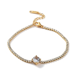 Плоский Круглый Браслет с фианитами, с вакуумным покрытием PVD золотистого цвета 304 нержавеющая сталь стразы чашки цепи, плоско-круглые, 7-1/4 дюйм (18.5 см), Кулон : 8.5 мм