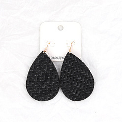 black Leather Double-sided Embossed Drop-shaped Earrings for Fashionable and Personalized Look