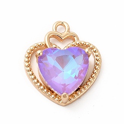 Violet Brass with K9 Glass Charms, Golden, Heart Charms, Violet, 18x15.5x6mm, Hole: 1.5mm