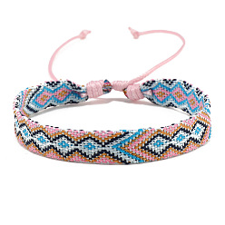 Pink Cotton Braided Rhombus Cord Bracelet, Ethnic Tribal Adjustable Bracelet for Women, Pink, Inner Diameter: 7-1/8~9-7/8 inch(18~25cm)