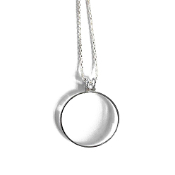 Серебро Ожерелье с плоским круглым стеклянным увеличительным кулоном, ожерелье из веревки из цинкового сплава, серебряные, 35.43 дюйм (90 см)