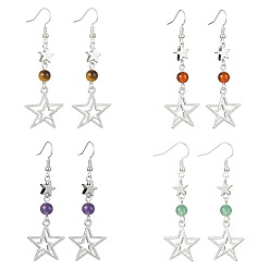 Mixed Stone 4 Pairs 4 Style Natural Mixed Gemstones Dangle Earrings, Hollow Star Tibetan Style Alloy Long Drop Earrings, 63x20.5mm, 1 Pair/style