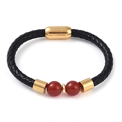 Carnelian 10.5mm Round Natural Carnelian Bead Bracelets, Braided Leather Cord Bracelets with Ion Plating(IP) Golden Color Tone 304 Stainless Steel Magnetic Clasps, for Men Women, 8-1/4 inch(20.8cm), Bead: 10.5mm