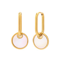 Golden Natural Wite Shell Flat Round Dangle Hoop Earrings, 304 Stainless Steel Jewelry for Women, Golden, 27x12.8mm