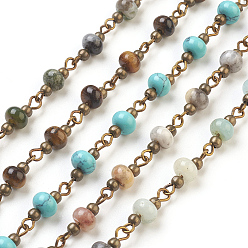 Mixed Stone Handmade Natural & Synthetic Mixed Stone Beaded Chains, Unwelded, with Brass Needle and Iron Beads, Antique Bronze, 6~6.5x4mm, 39.37 inch, 1m/strand