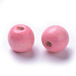 Pink Dyed Natural Wood Beads, Round, Lead Free, Pink, 12x11mm, Hole: 4mm, about 1800pcs/1000g