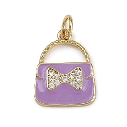 Лиловый Латунь эмаль подвески, сумочка с bowknot, с кубического циркония, реальный 18 k позолоченный, стойки покрытие, долговечный, без кадмия и без свинца, с целью перехода в кольце, сирень, 16x12x2 мм, отверстие : 3 мм