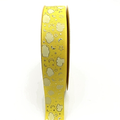 Yellow Silver Hot Stamping Cloud Moon Star Pattern Polyester Grosgrain Ribbons, for Hair Bowknots, Gift Packaging Decoration, Yellow, 1 inch(25mm), 48 Yards/Roll