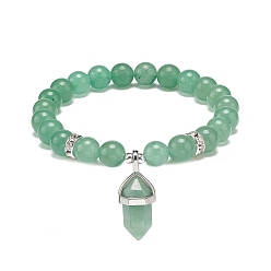 Green Aventurine Natural Green Aventurine Round Beaded Stretch Bracelet with Bullet Charms, Gemstone Yoga Jewelry for Women, Inner Diameter: 2~2-1/8 inch(5.1~5.3cm)