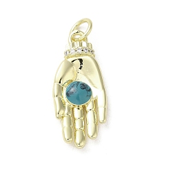 Turquoise Brass Micro Pave Cubic Zirconia Pendants, with Enamel, with Jump Ring, Real 18K Gold Plated, Palm, Turquoise, 26.5x11x4.5mm, Hole: 3.8mm