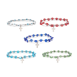 Mixed Color Lampwork Evil Eye & Stainless Steel Column Beaded Stretch Bracelet with Cross Charm for Women, Mixed Color, Inner Diameter: 2-1/8 inch(5.5cm)