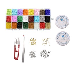 Mixed Color DIY Stretch Jewelry Sets Kits, include Glass Seed Beads, Stainless Steel Needles & Scissors & Beading Tweezers & Lobster Claw Clasps, Alloy & Iron Spacer Beads, Mixed Color, Seed Beads: 2mm, Hole: 1mm, about 32000pcs/box