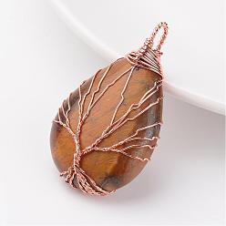 Tiger Eye Natural Tiger Eye Pendants, teardrop, with Rose Gold Tone Brass Findings, 48~55x30~32x10~12mm, Hole: 4~7x8~12mm